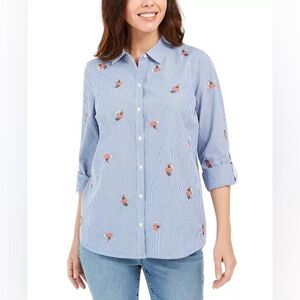 Charter Club Petite Medium Button Down Stripes Embroidered Floral Shirt ADORABLE